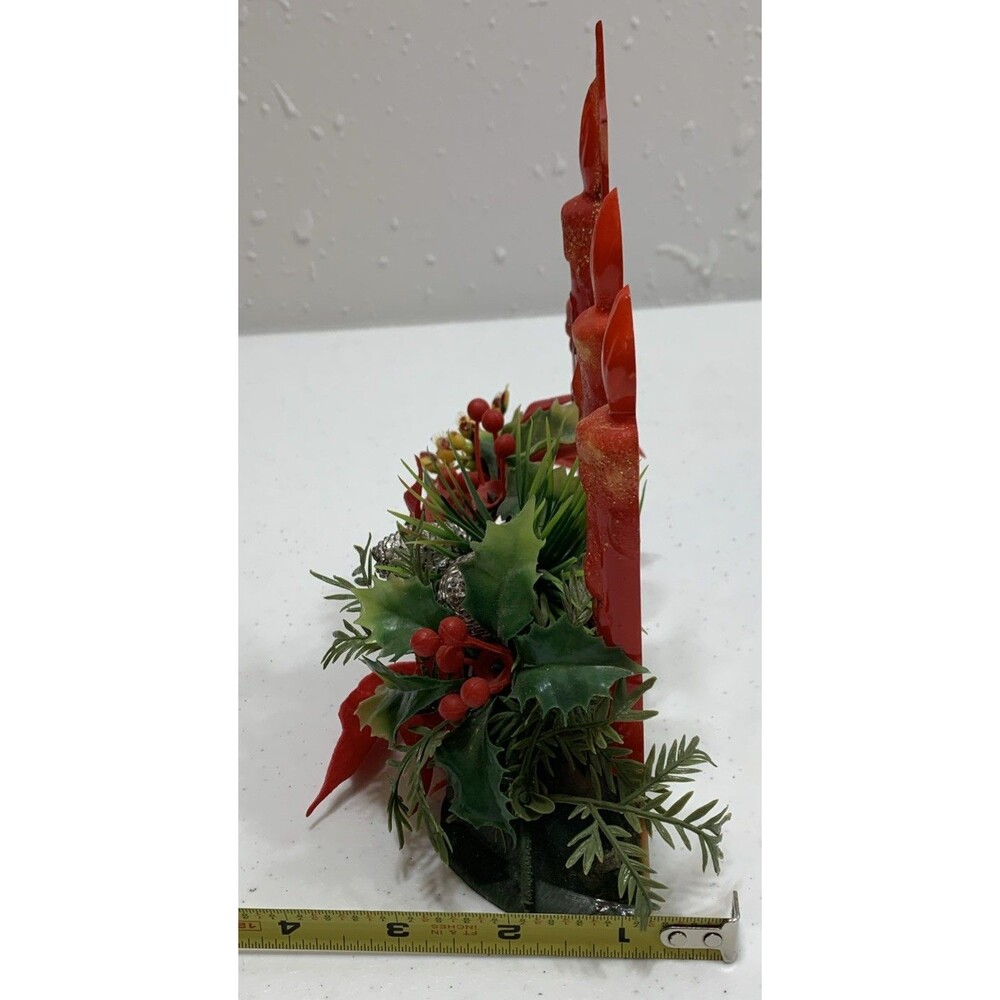 Vintage Plastic Xmas Centerpiece Glittered Drip Candles Poinsettia Greenery - Picture 6 of 7
